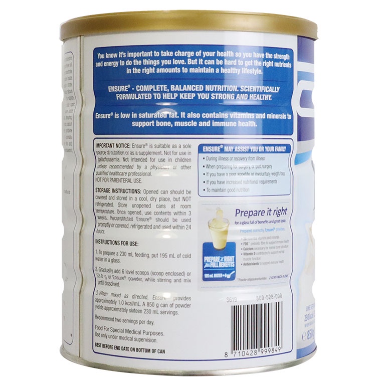 Sữa bột Ensure Úc Complete balanced nutrition 850g của Abbott