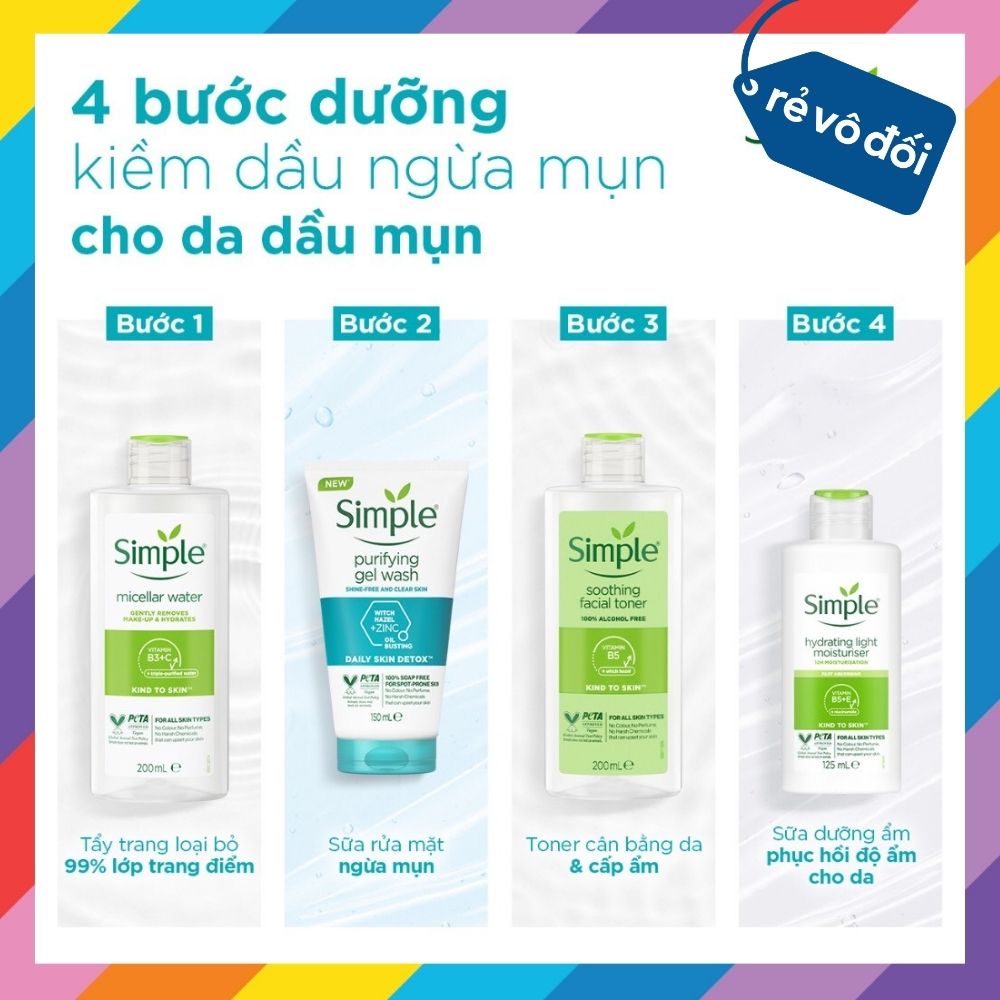 Bộ Sản Phẩm Simple Nước Tẩy Trang 200ml + Sữa Rửa Mặt 150ml + Nước hoa hồng 200ml + Sữa Dưỡng Da 125ml