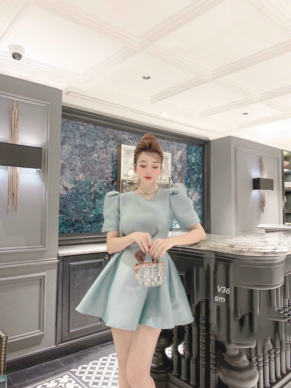 Đầm xòe cổ tròn tay phồng sang chảnh quyến rũ