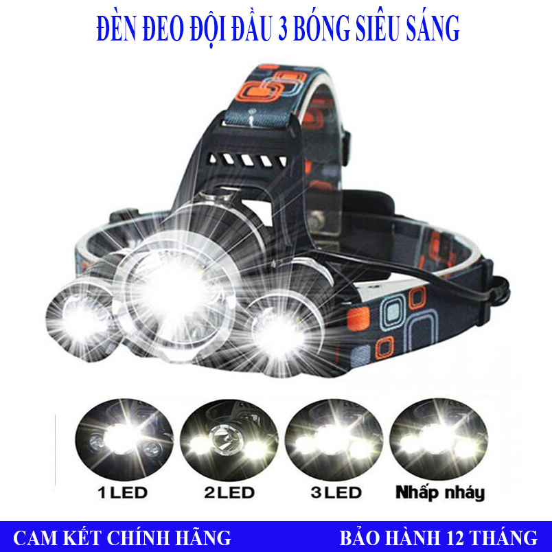 Đèn Pin Chống Nước,Đèn Pin Đội Đầu 3 Bóng Led Siêu Sáng Đa Tác Dụng,4 Chế Độ Chiếu Sáng Rất Phù Hợp Và Tiện Lợi Cho Việc Đi Du Lịch, Đi Rừng, Đi Câu, Đi Soi, Cúp Điện…
