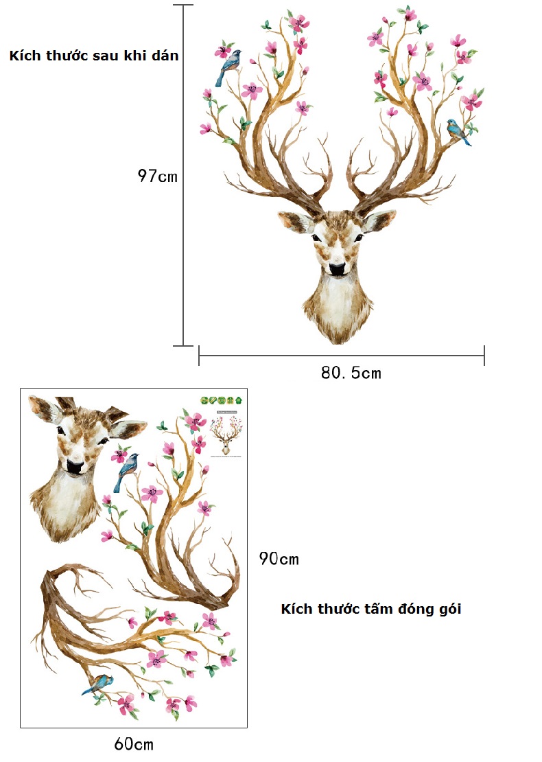 [HCM]Decal dán tường Sừng Nai 3D dán phòng khách DKN077 (97 x 81cm)