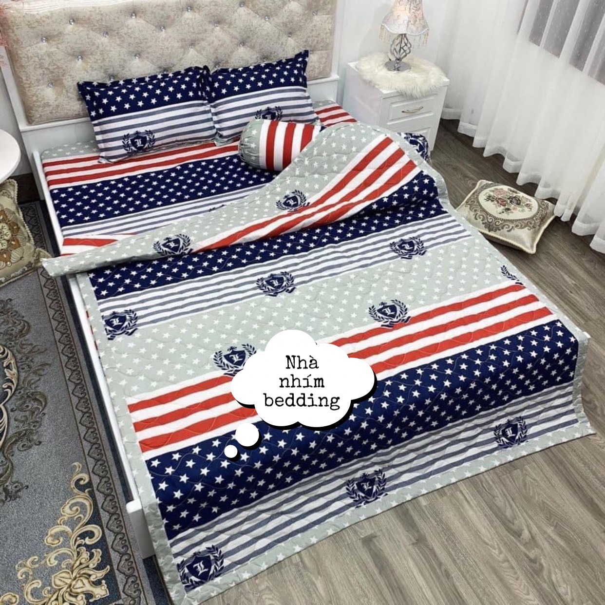 Bộ Chăn Ga Gối Hè Thu 5 Món, Chất cotton poly ( Gồm 1 Chăn Hè, 1 ga bo chun,2 vỏ gối nằm và 1 vỏ gối ôm)