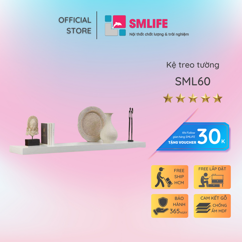 Kệ gỗ trang trí treo tường SML60 - Kệ gỗ treo tường giấu ty treo 60cm x 20cm - Sử dụng ván công nghiệp dày 25mm phủ melamin
