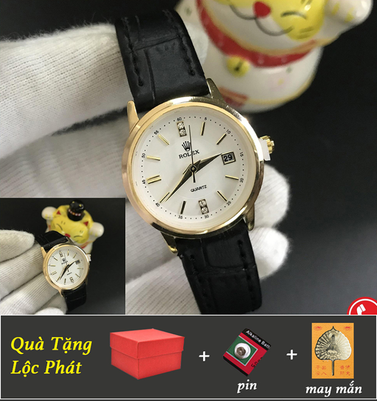 Đồng Hồ Dây Da Nữ Viền Vàng Chống Nước Chống Trầy Xước Tặng Pin, Lá Bồ Đề May Mắn Bình An bán chạy