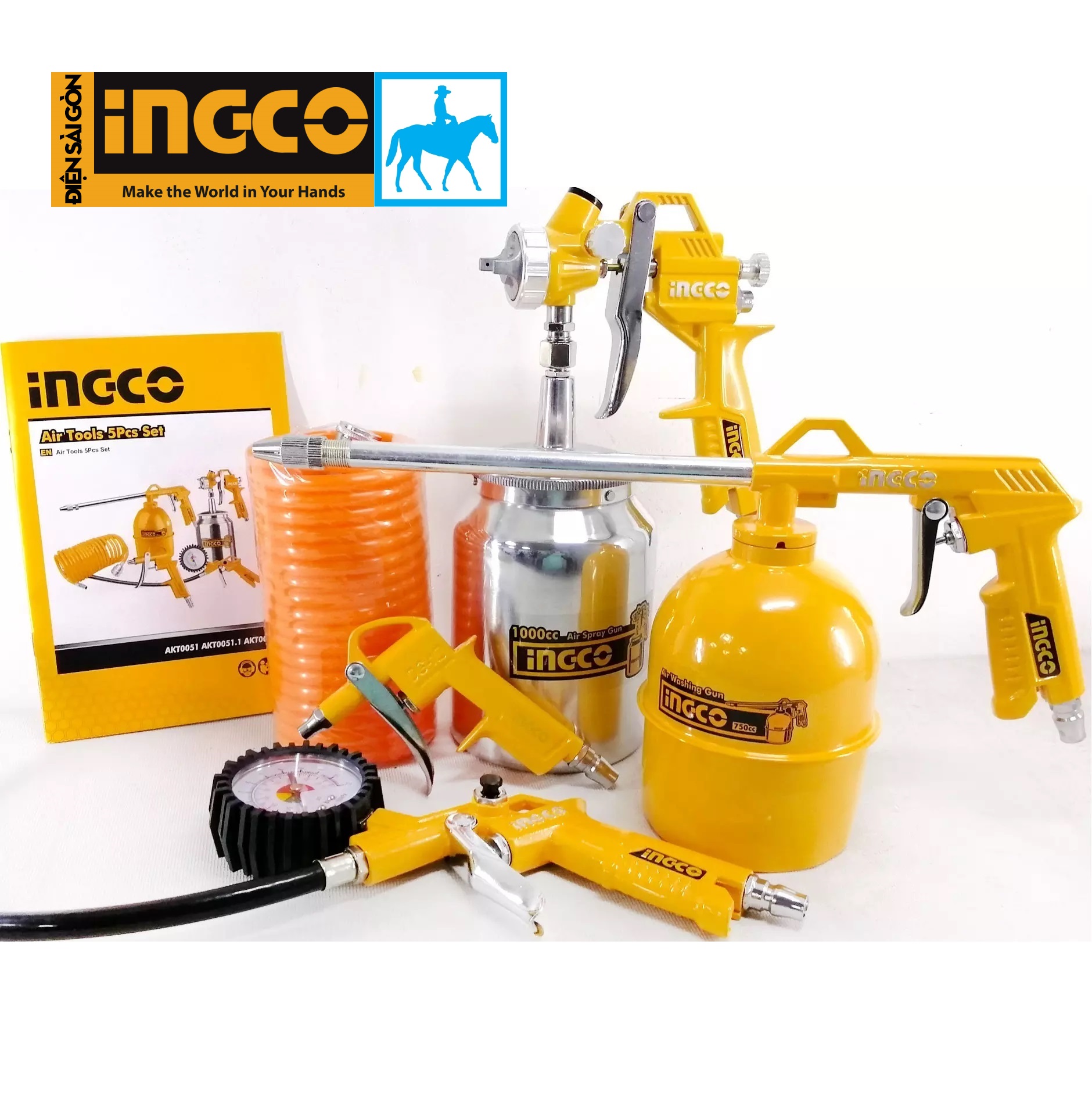 Bộ 5 Công Cụ Dùng Khí Nén Kiểu Nhật Bơm bánh Phun sơn Châm nhớt đa năng Dây hơi 5m Bình 1000cc INGCO AKT0051-3