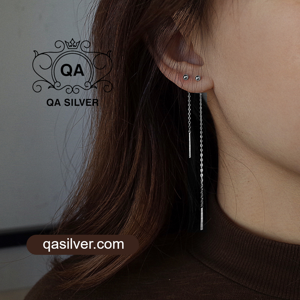 Khuyên tai bạc 925 dáng dài bi tròn bông nữ tua xích S925 CHAIN QA SILVER Earrings EA170101
