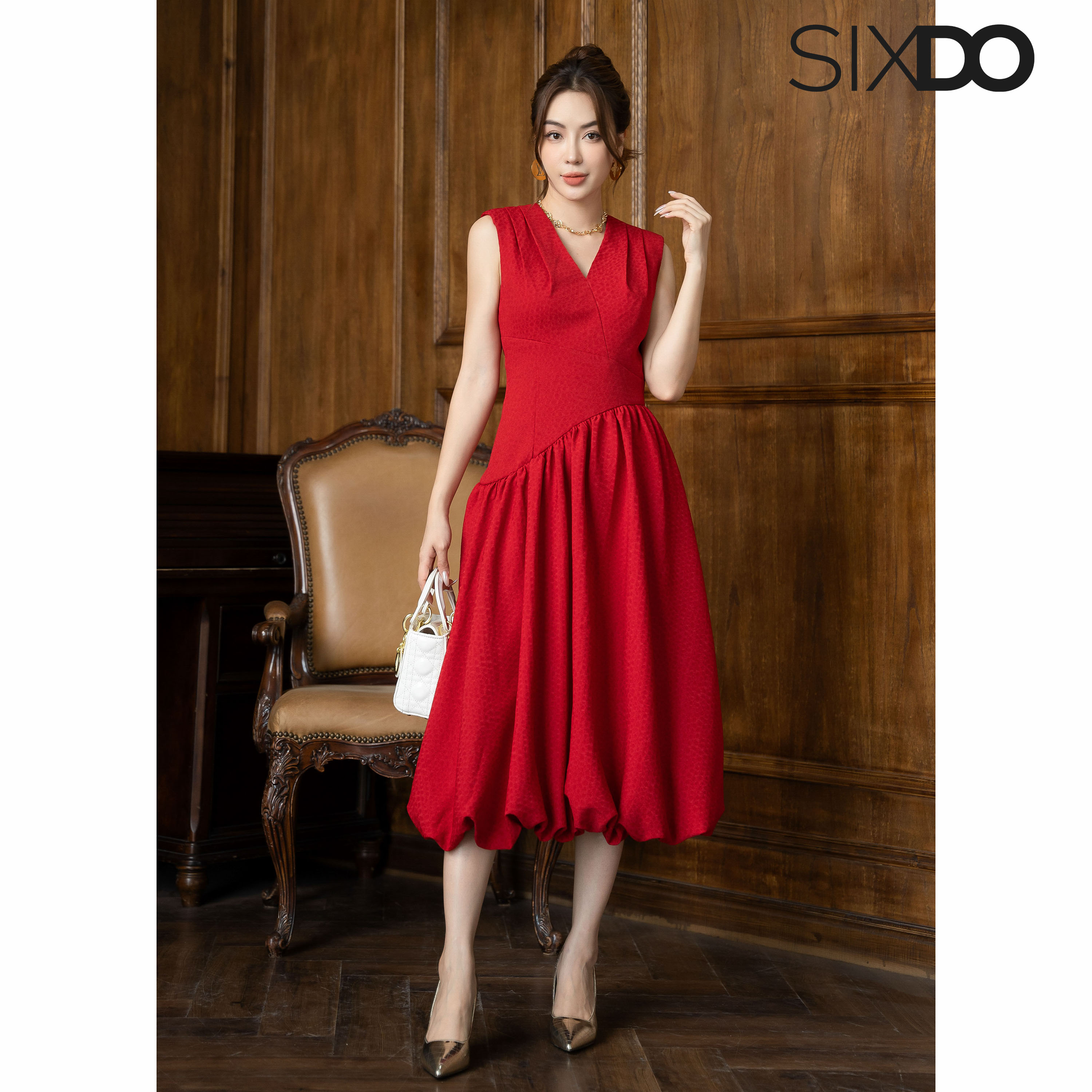 Đầm sát nách cổ V xòe bồng thời trang SIXDO (Dark Red V-neck Midi Woven Dress)