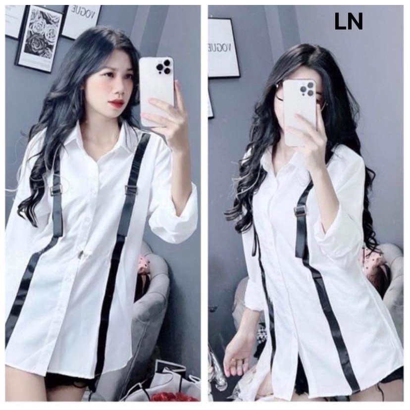Sơ mi vải nến phối dây Chất sơ mi thô lụa ngực xịn sò