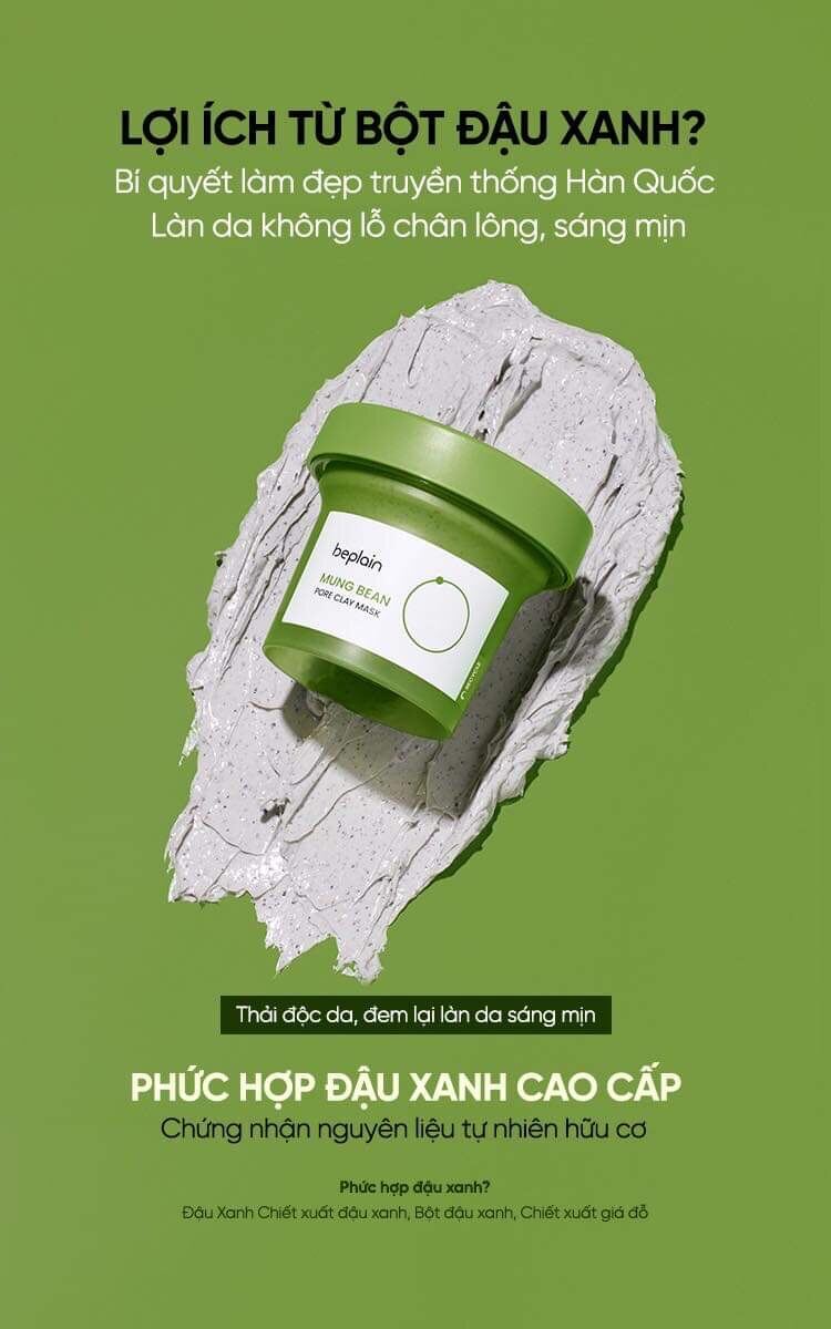 Mặt Nạ Đất Sét Beplain Đậu Xanh Kiềm Dầu, Giảm Mụn, Dưỡng Sáng Beplain Mung Bean Pore Clay Mask 120g Duduhouse