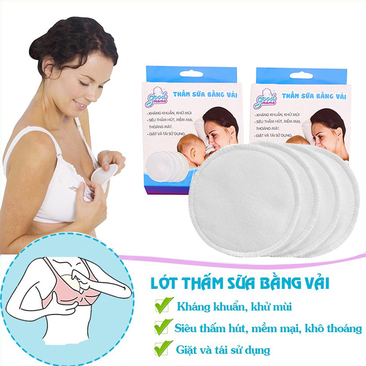 Miếng lót thấm sữa giặt được GoodMama ( Hộp 8 miếng ) - MLTS - Good mama lót thấm sữa đồ dùng cho bé sơ sinh miếng lót thấm sữa giặt được lót thấm sữa hàng đẹp