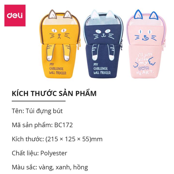 Túi Hộp Đựng Bút Đồ Dùng Cá Nhân Bằng Hình Chú Mèo Xinh Xắn Nhiều Màu Sắc Deli Sức Chứa Lớn - BC172 - Hình ảnh 7
