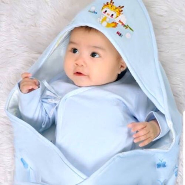 Chăn choàng, chăn ủ mùa hè 2 lớp có mũ cho bé