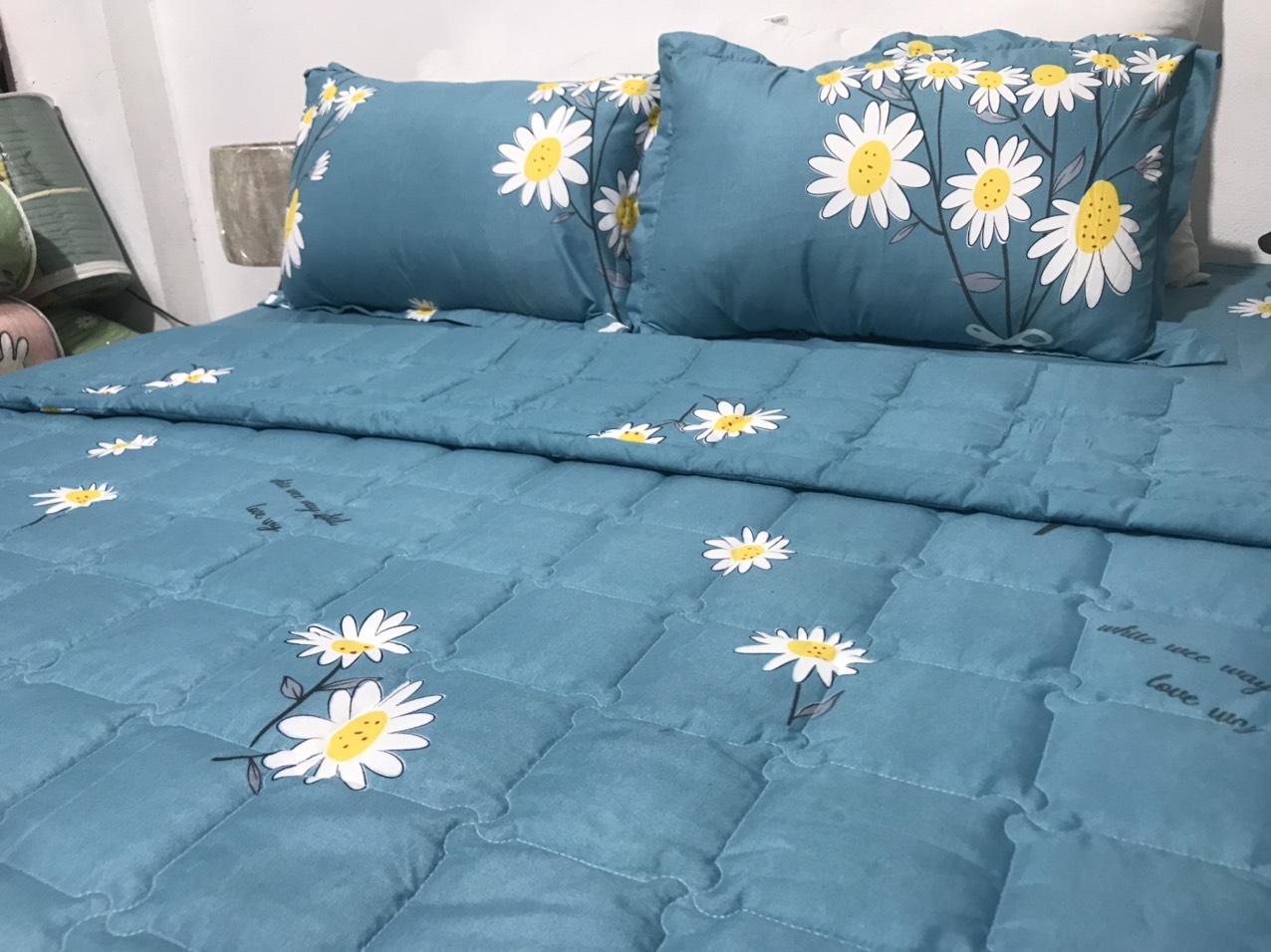 Set Ga Gối 3 Món (Gồm 1 Ga bo chun + 2 Vỏ Gối Nằm) Mẫu Hoa Cúc Xanh CH205