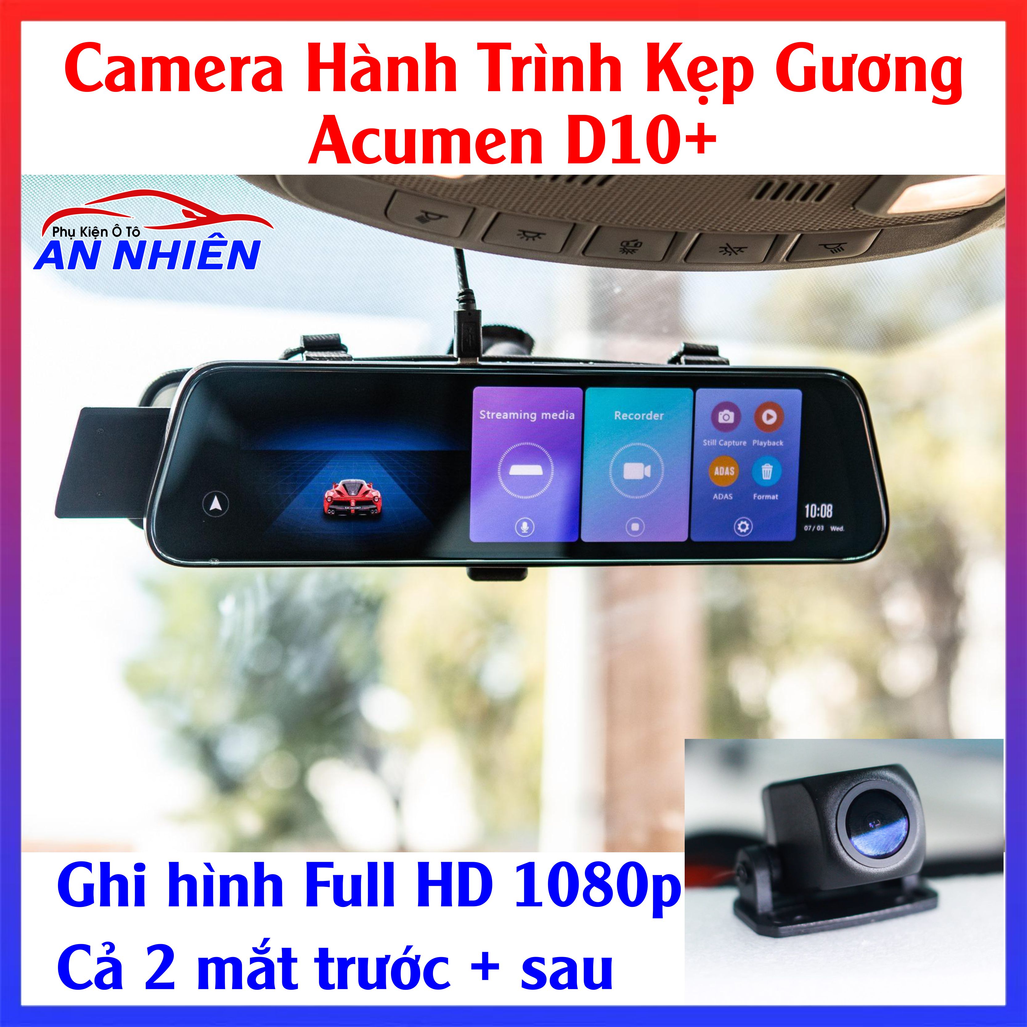 Camera Hành Trình D10 Plus - Camera Kẹp Gương Full HD Ghi Hình Trước Sau, Dây AV Camera Lùi Dài Tới 15Met Dùng Cho Xe Hơi, Xe Tải, Xe Khách 12V - 24V