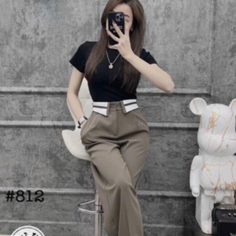 Quần Nữ Dáng Suông Ống Rộng Lưng Cao Kẻ Viền Cạp Gấp Phong Cách Ulzzang, Quần ống rộng vải ruby cạp khoá lưng cao 1 cúc cạp viền bẻ