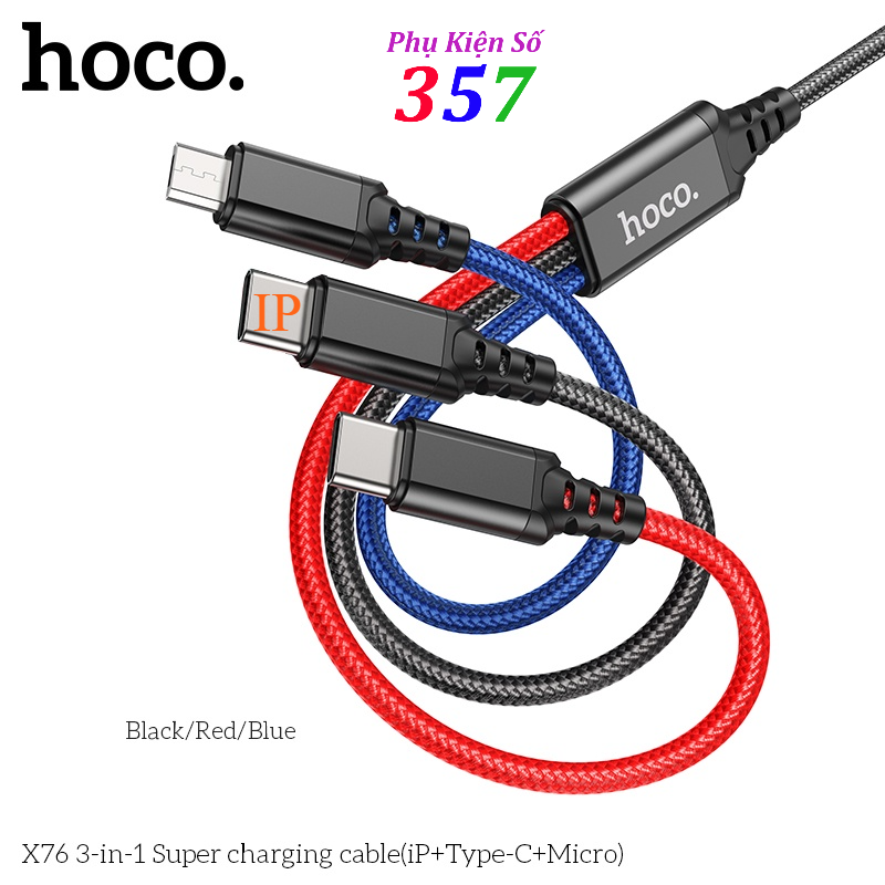 Dây cáp sạc 3 đầu Hoco X76 IP/Micro/TypeC dài 1m bọc dù dòng 2A