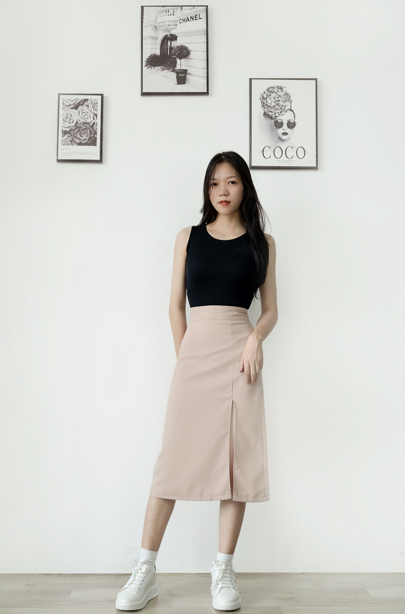 Chân váy dài qua gối Midi xẻ tà dài đơn giản phong cách Hàn Quốc sang trọng có big size Mely Fashion CV23