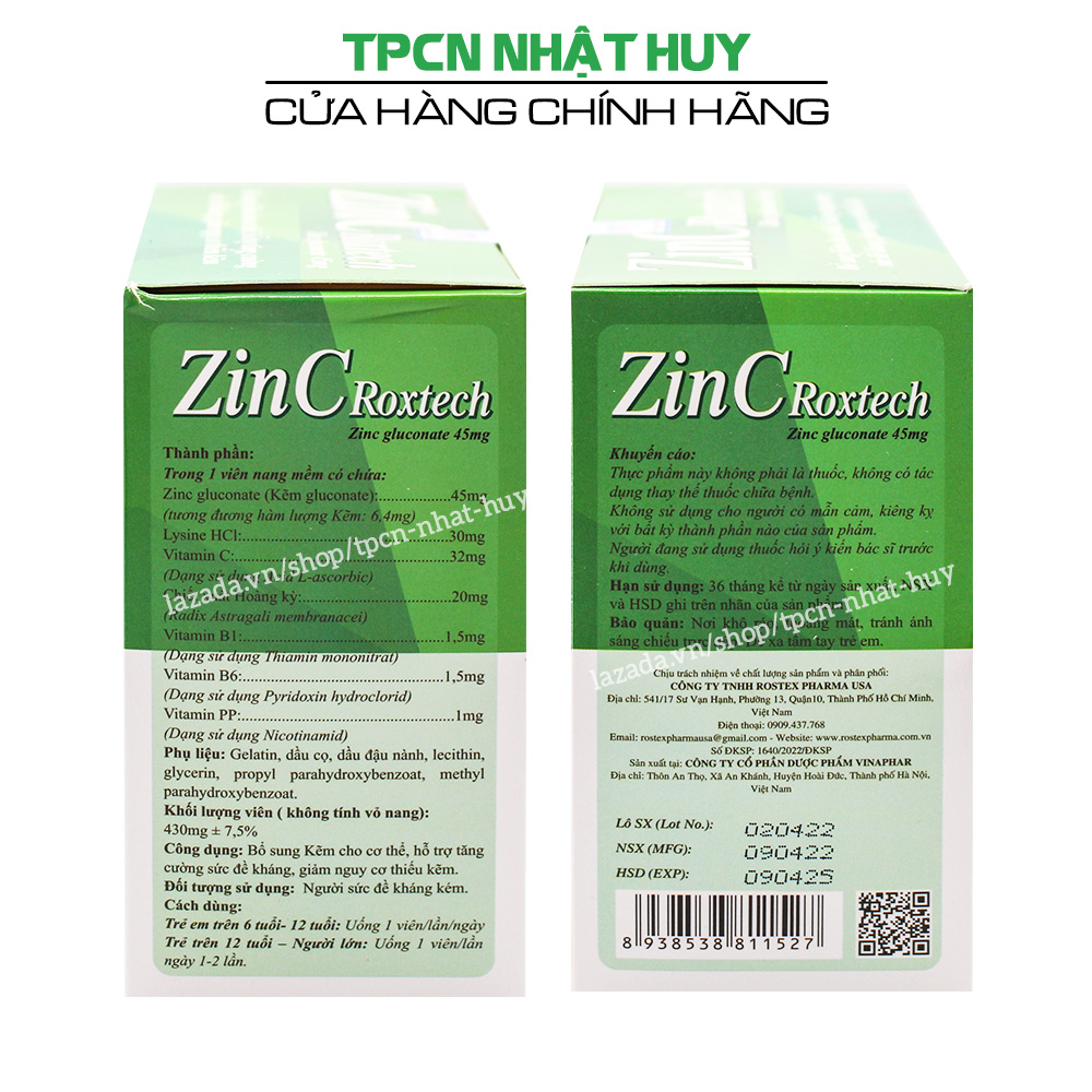 Viên uống ZinC Roxtech bổ sung Kẽm, Vitamin C hỗ trợ tăng cường sức đề kháng - Hộp 100 viên