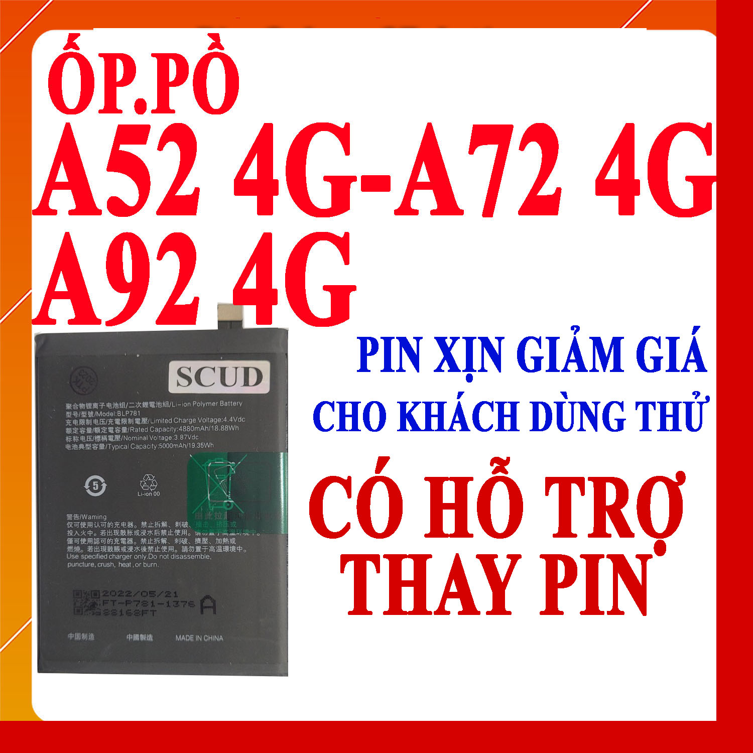 Pin scud cho oppo a52 4g/a72 4g/a92 4g mã blp781 dung lượng 5000mah