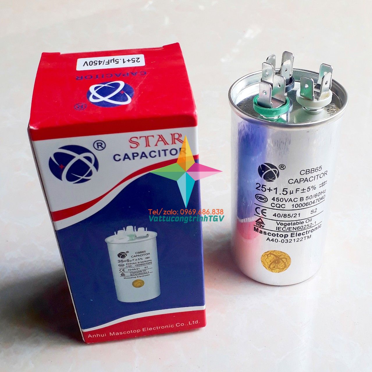Tụ điều hòa Mascotop kiểu CBB65 450VAC 25uF + 5% - Hàng chính hãng