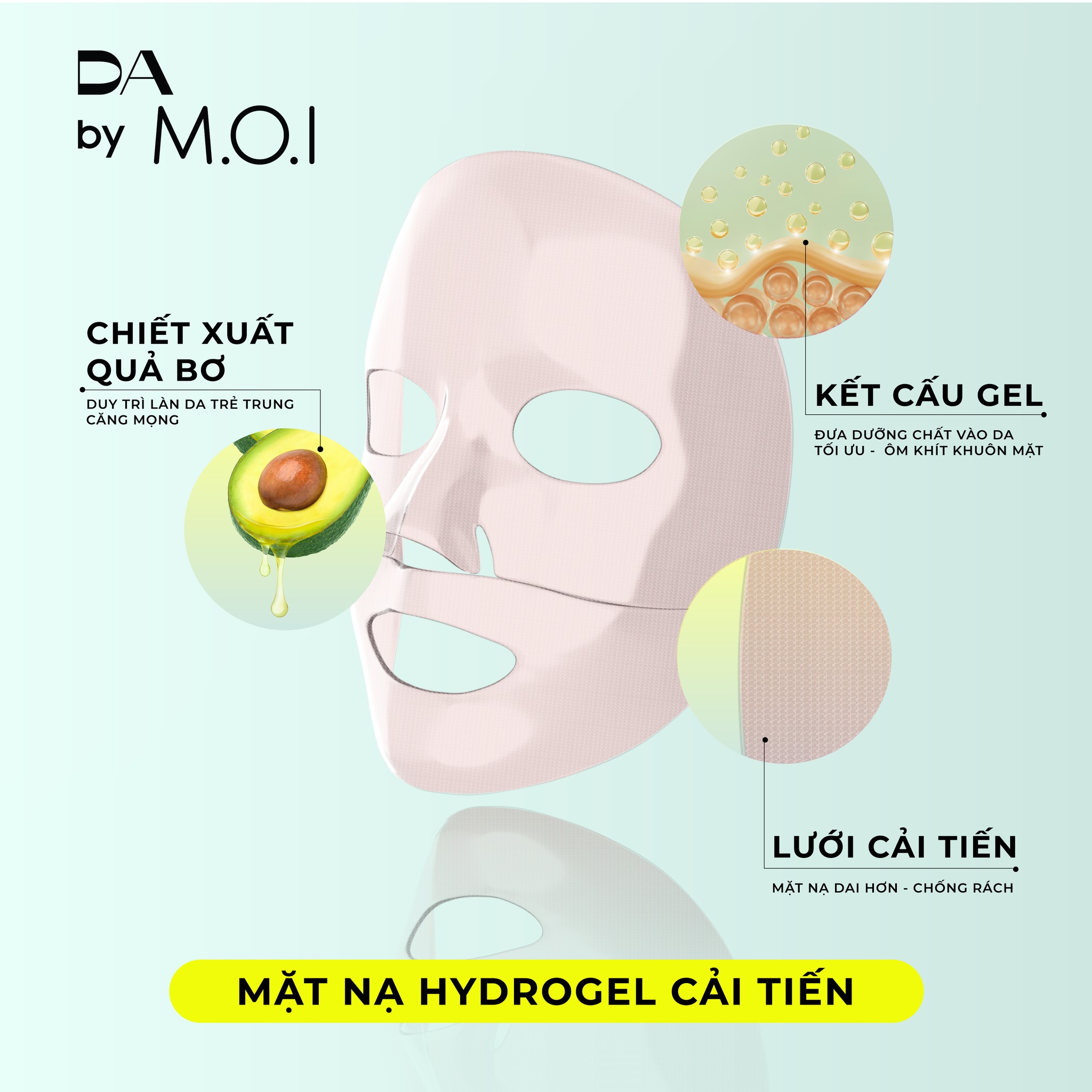 Mặt nạ Bơ tinh khiết Hydrogel DA By M.O.I - 3 Miếng (Cấp ẩm - Làm sáng - Chống lão hóa)