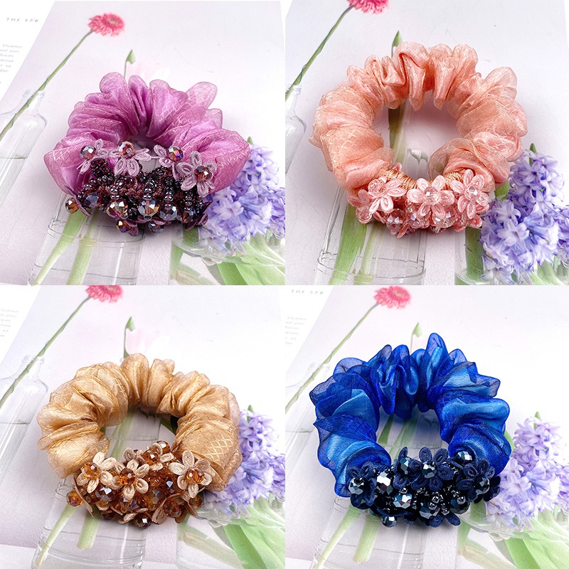 Korean version Organza hair circle exquisite head rope women's leather band tied horsetail crystal broken flower Hair Accessories