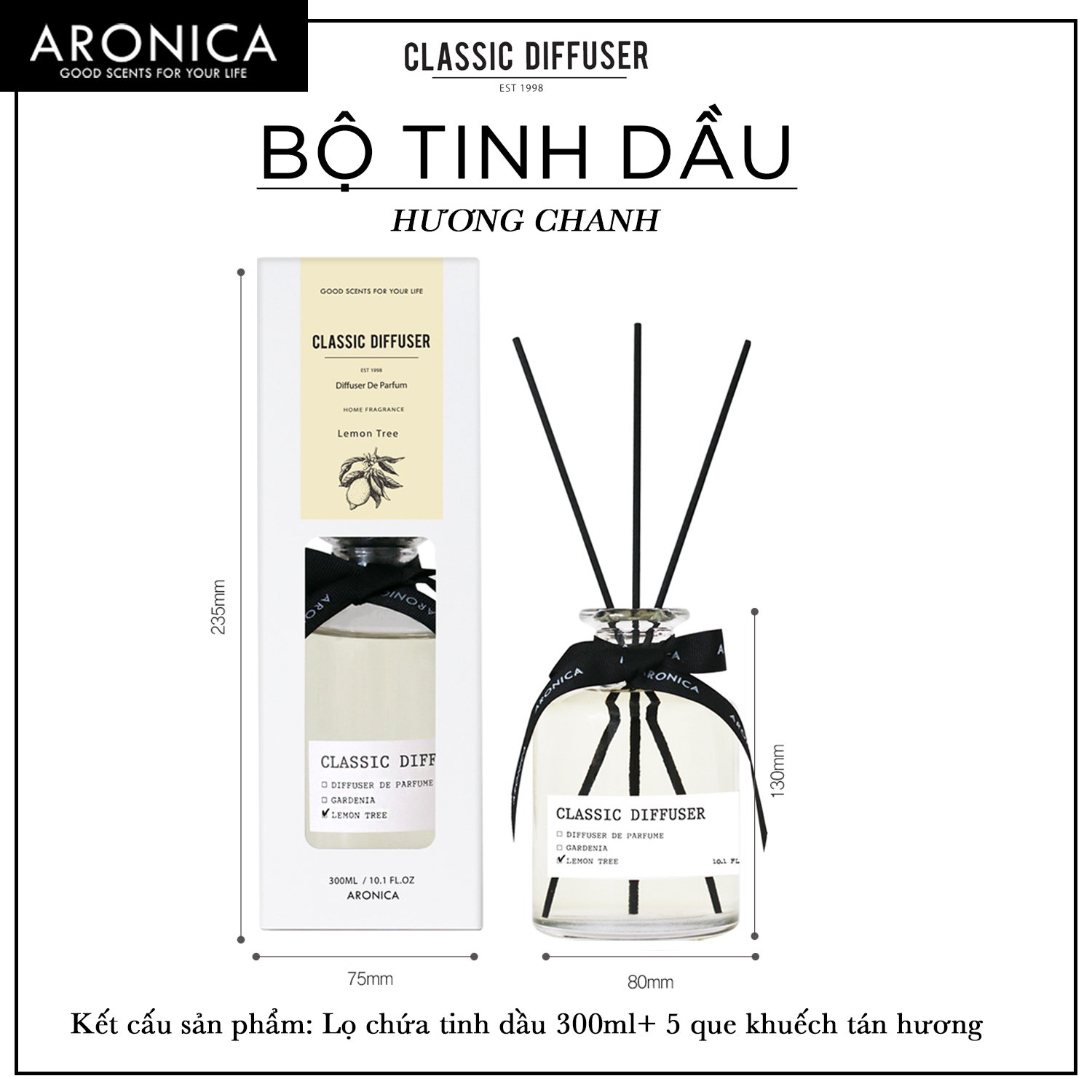 Tinh Dầu Khuếch Tán Cao Cấp Aronica Classic Diffuser 300ml - Nhập Khẩu Hàn Quốc