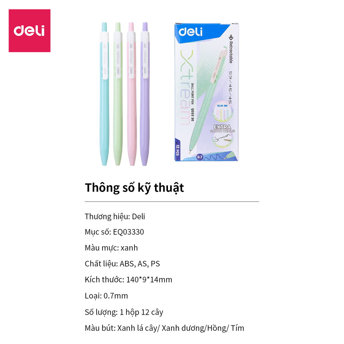 Bút bi bấm văn phòng mực xanh ngòi 0.7mm Deli giá rẻ viết nét đều trơn tru - Hộp 12 chiếc - EQ03330