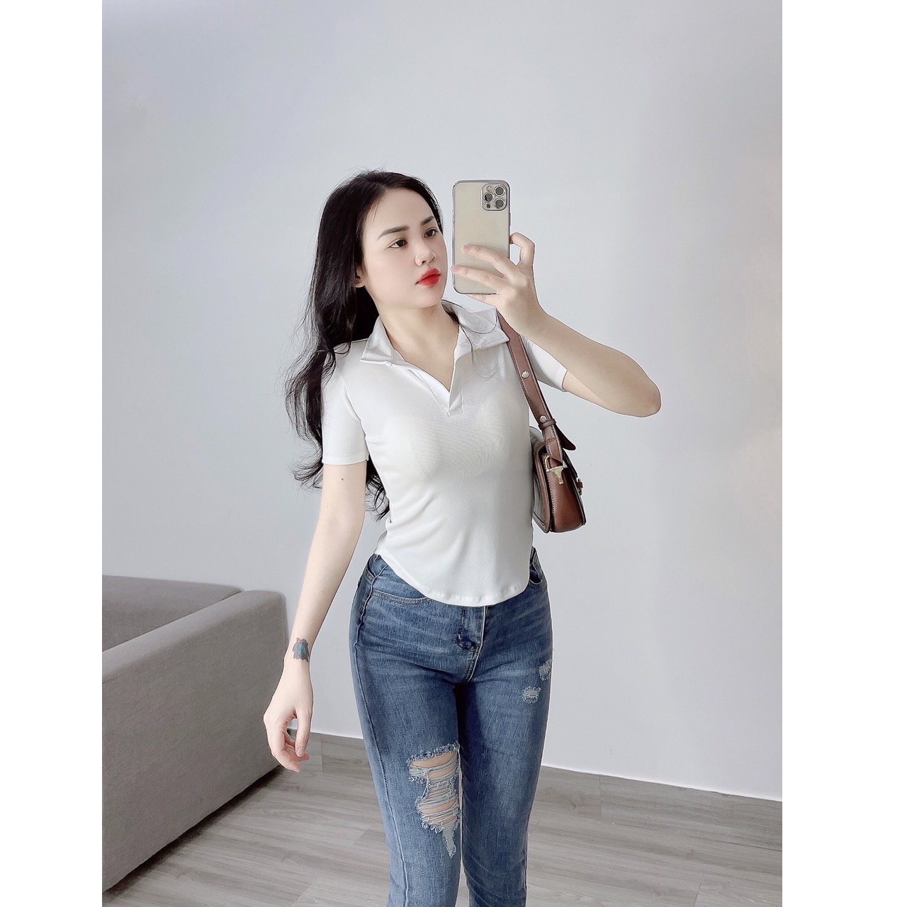 Áo thun polo nữ thun gân vạt bầu cổ bẻ