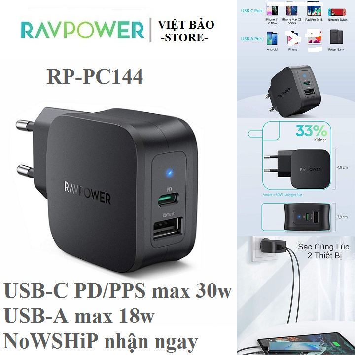 Củ sạc nhanh RAVPower RP-PC144 2 cổng 30w ( 1 type C; 1 type A) hỗ trợ PD/PPS