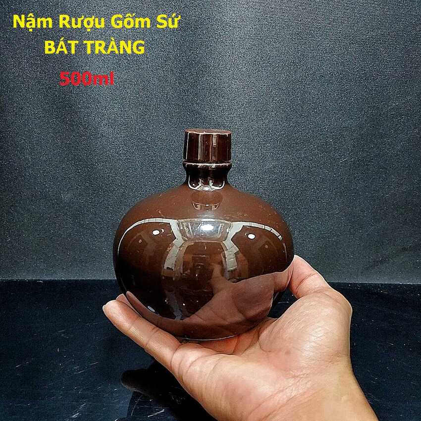 Nậm Rượu 500ML gốm men sứ Bát Tràng mẫu bầu tròn quả thị màu nâu đỏ - Nậm Rượu Bát Tràng cho giới sành tửu – Nậm Rượu Đẹp - Bình Đựng Rượu (L2)