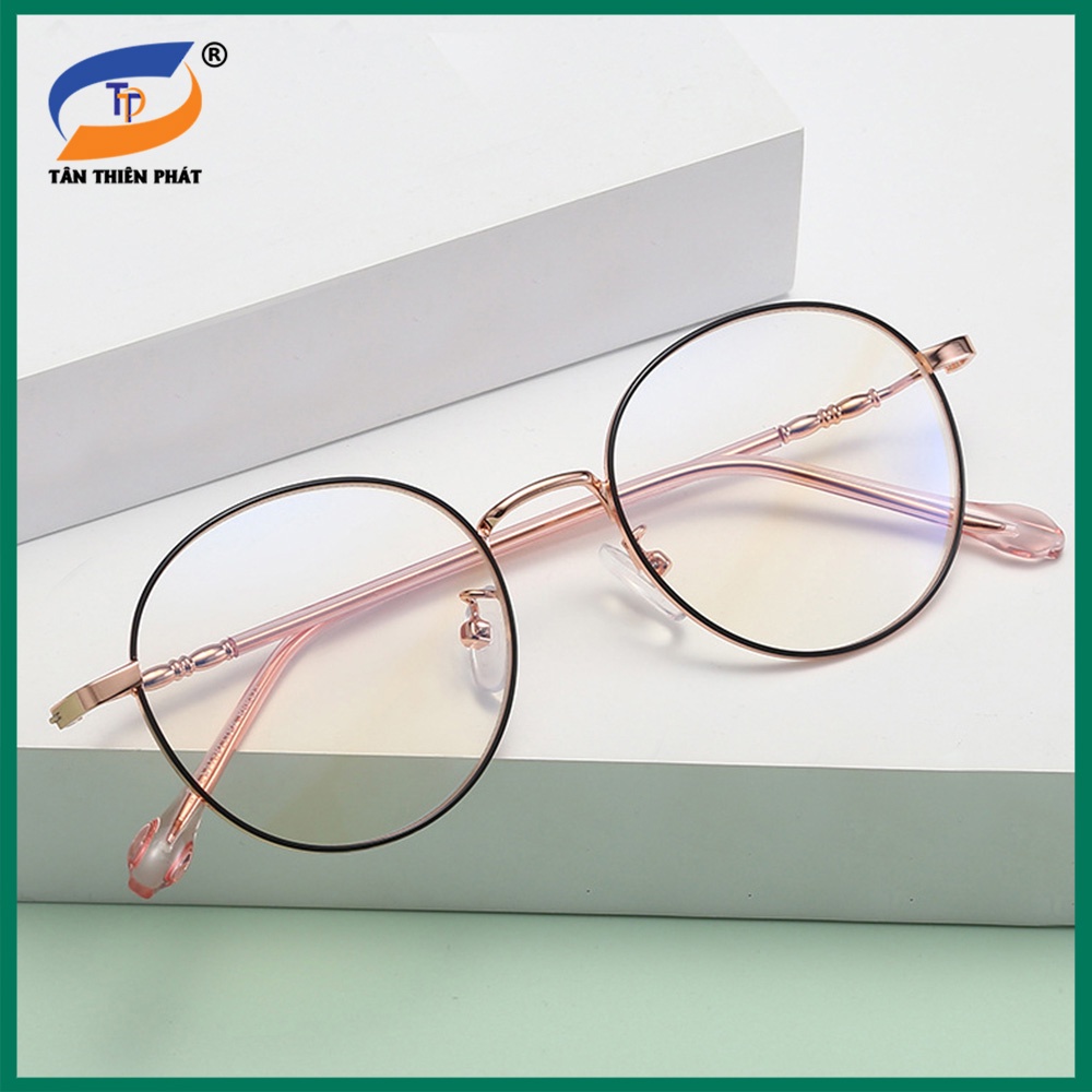 Gọng kính nam nữ kim loại mắt tròn màu đen, bạc 2999. Tròng giả cận 0 độ chống ánh sáng xanh, tia UV