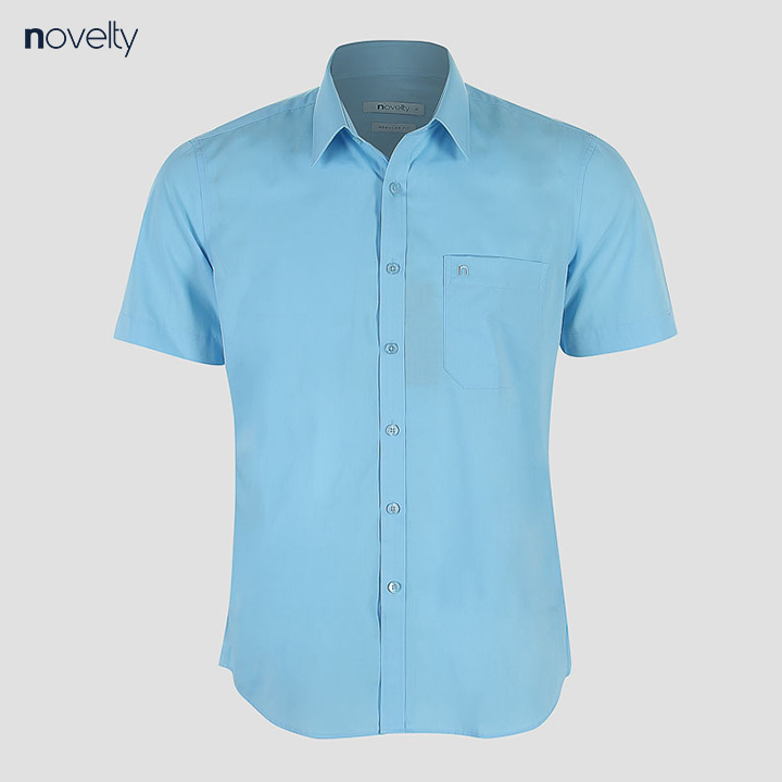 Áo sơ mi nam novelty ngắn tay trơn màu xanh da trời đậm nsmmmnmtcr191279n