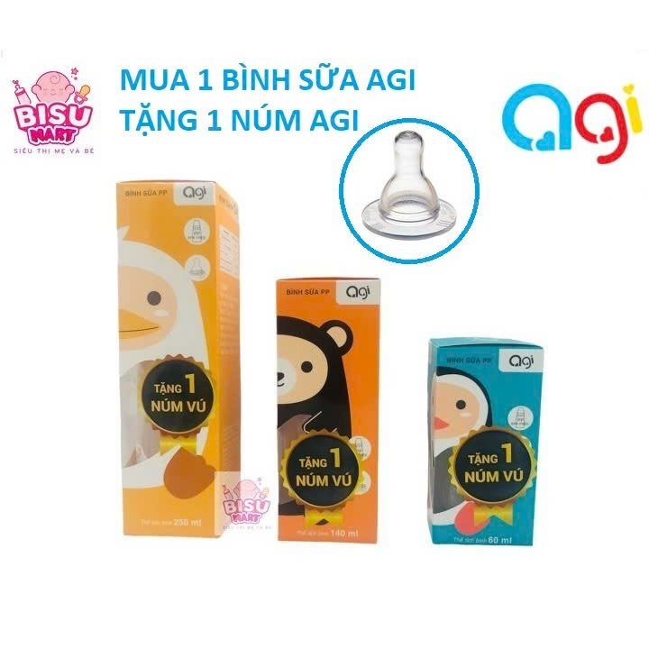 Bình sữa agi cổ hẹp cho bé 60ml 140ml 250ml có tặng kèm núm