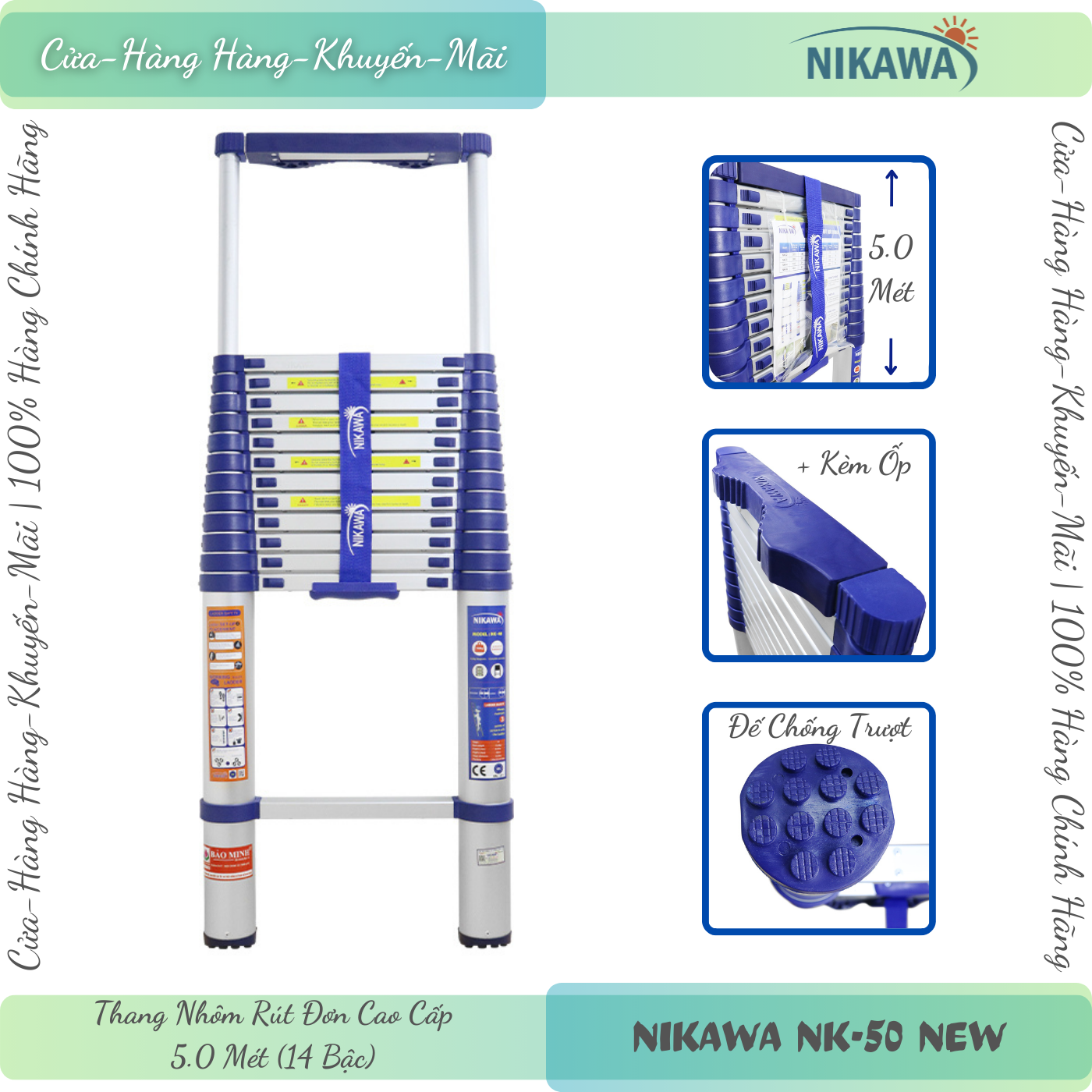 Nikawa nk-50 new, 5.0 mét | thang nhôm rút xếp gọn 5.0 mét nikawa nk-50 new - thang rút điện lực, viễn thông & gia đình - hàng chính hãng