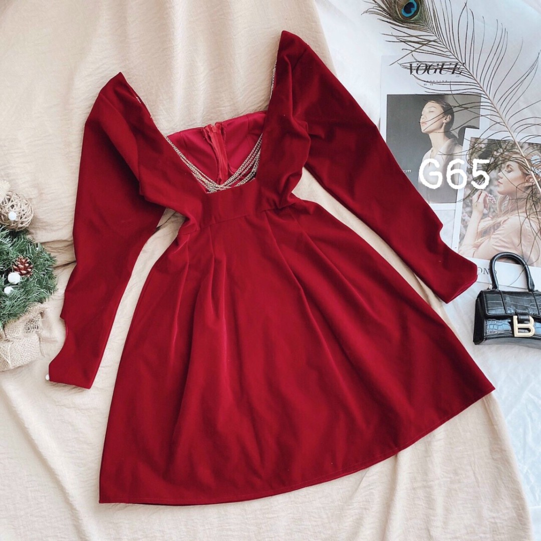 [HCM]Đầm nữ cổ u hở lưng dây lưng tay dài dáng xòe