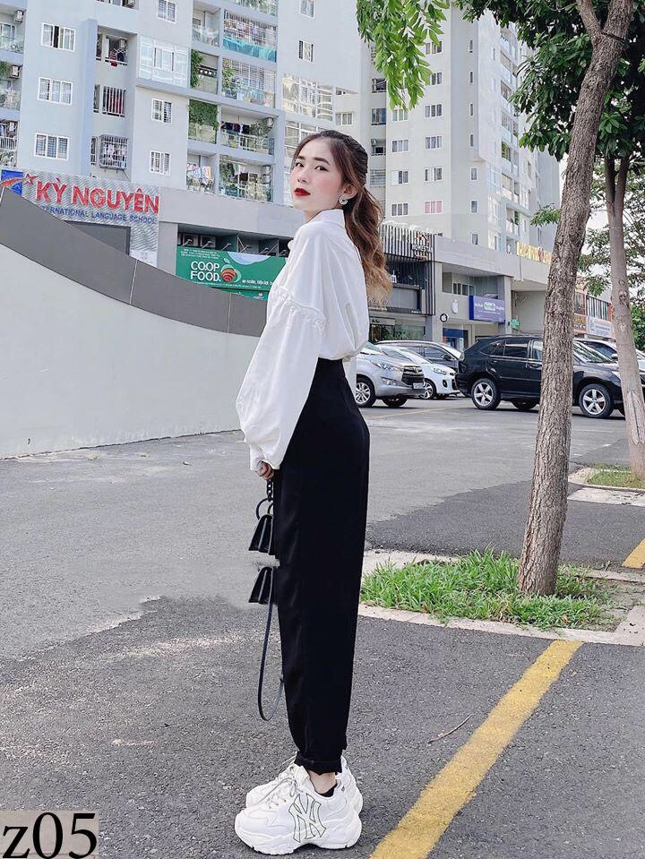 Set áo sơ mi trắng bèo tay và quần dài