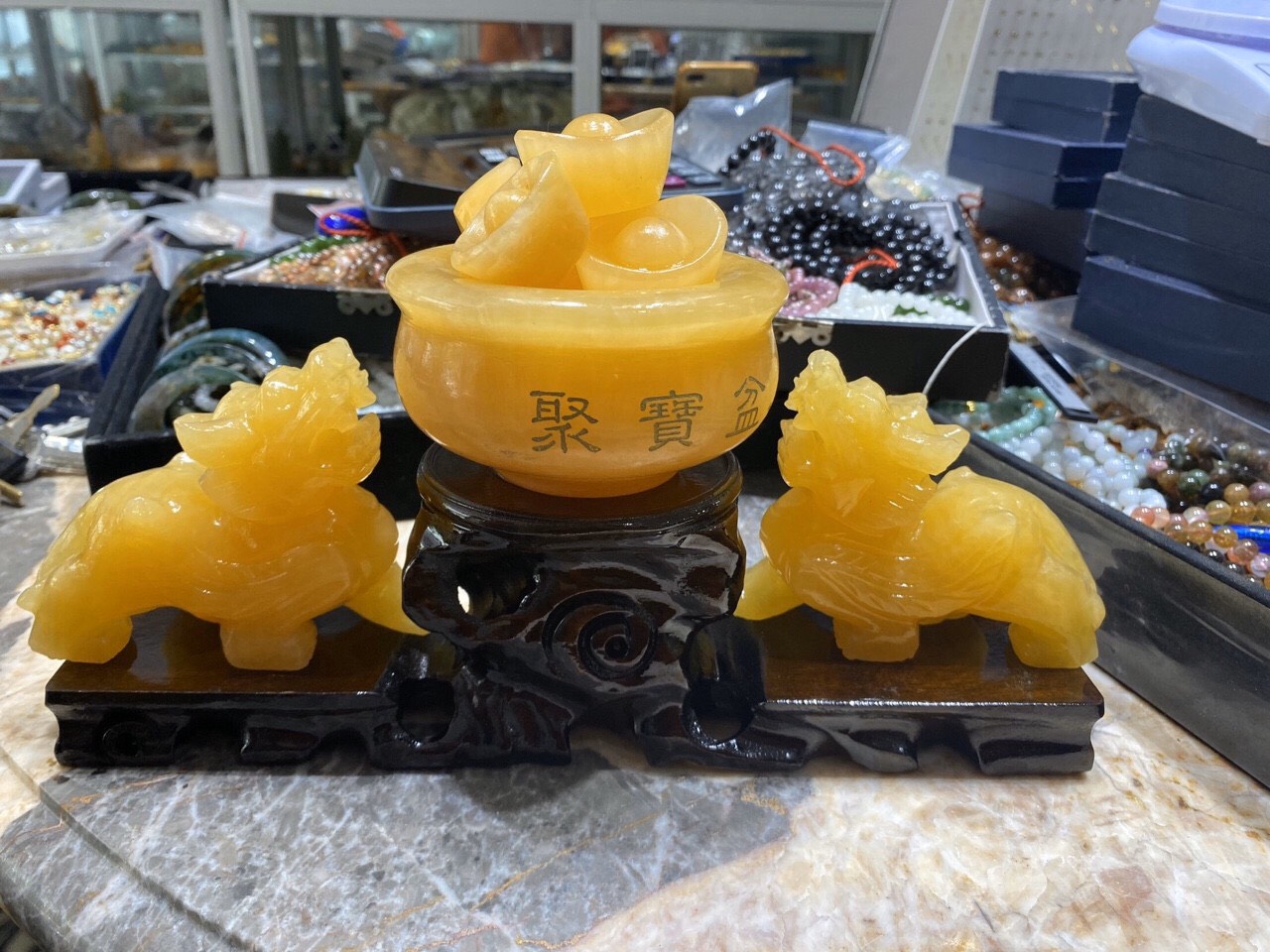 Bộ sản phẩm combo Tỳ Hưu dài 10 cm và bát tụ bảo đường kính 10 cm phong thủy đá ngọc hoàng long