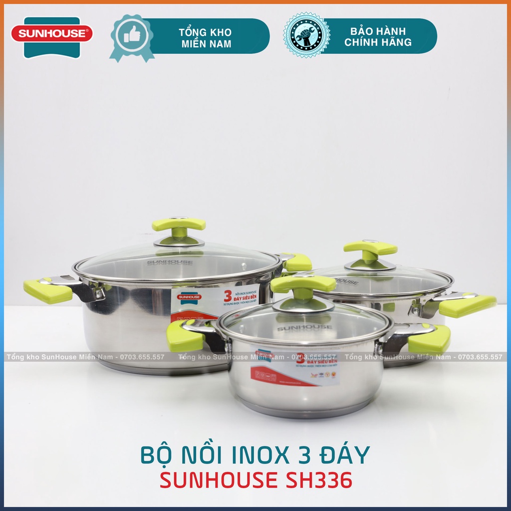 [SH336 SUNHOUSE] Bộ 3 nồi Inox 3 đáy cao cấp