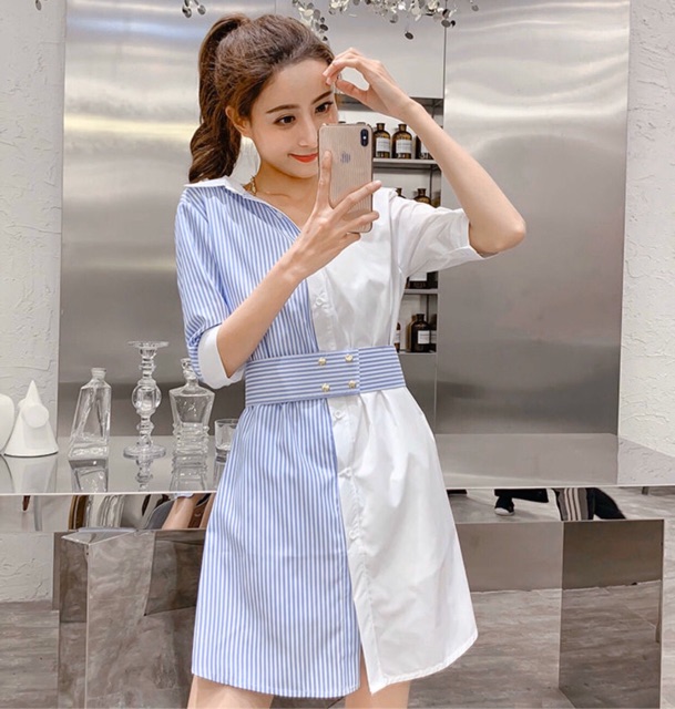Đầm sọc phối trắng v3