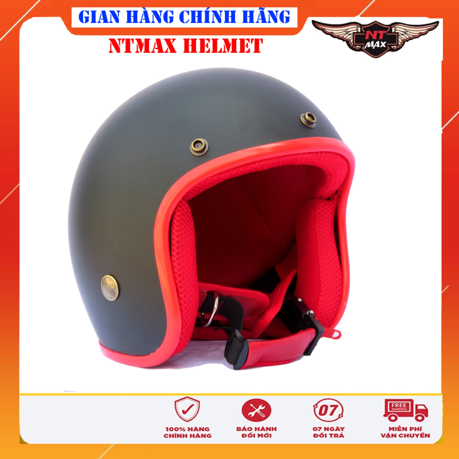 Mũ bảo hiểm NTMAX 3/4 đen nhám viền đỏ