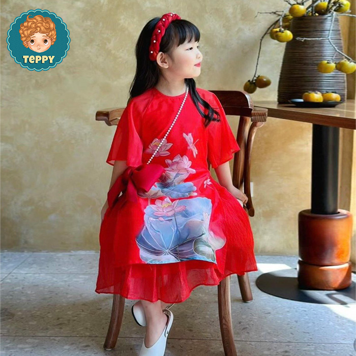 Set áo dài hoa sen cho bé gái (4 món áo dài, váy,kèm cài, túi)