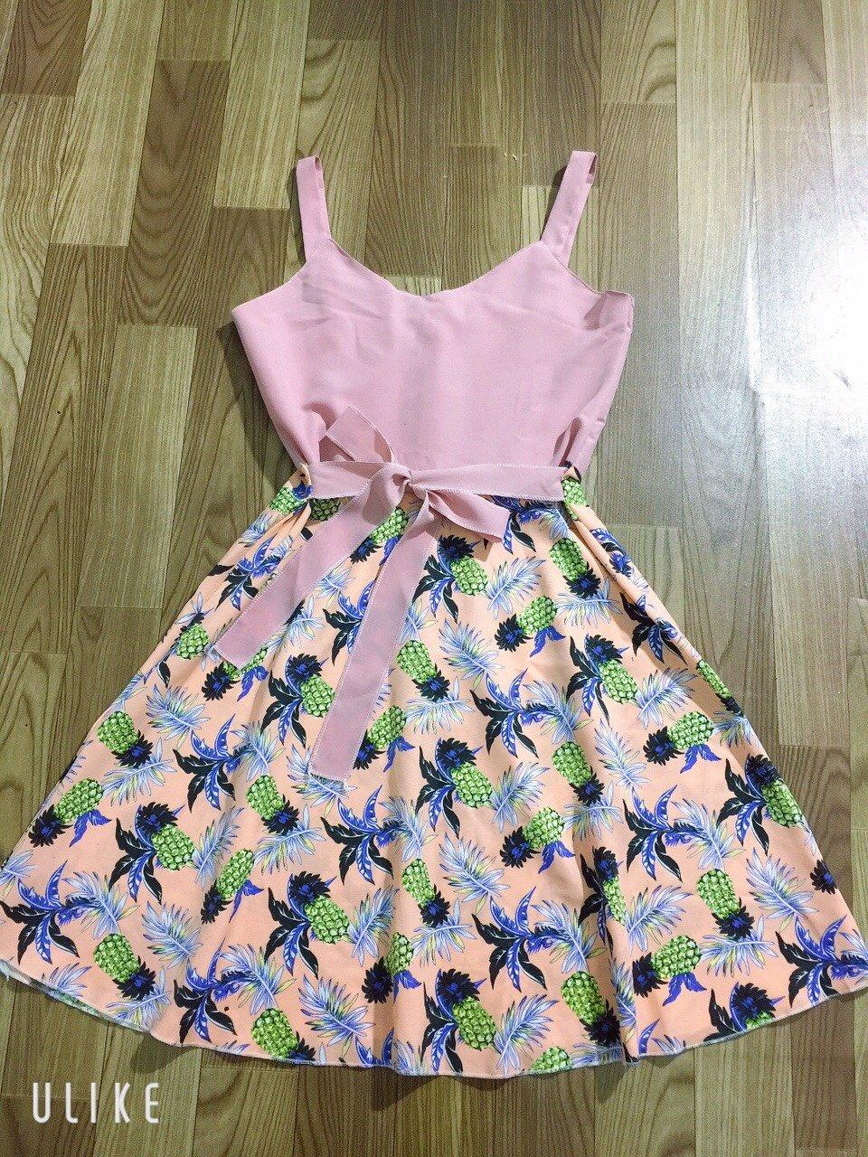 Đầm 2 dây in hình hoa quả chất kate lụa vàng hồng xanh