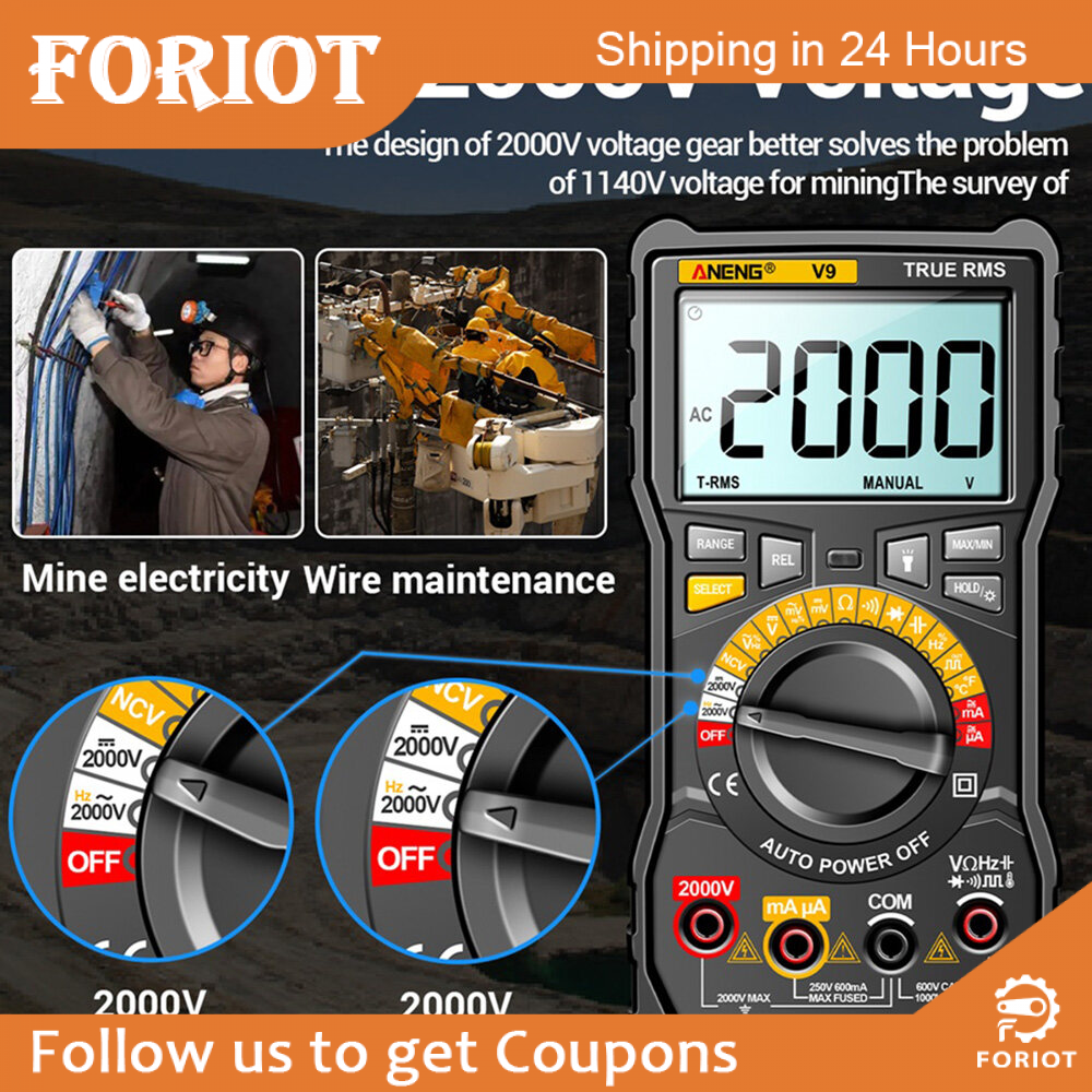 Foriot Đồng Hồ Vạn Năng ANENG Vôn Kế Kỹ Thuật Số Đo Bằng Tay Kiểm Tra Pin AC/DC Đi-ốt Điện Trở Dòng Điện Volt 2000V