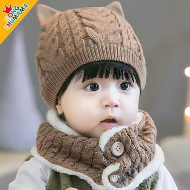 Set mũ Len tai mèo kèm khăn cho bé