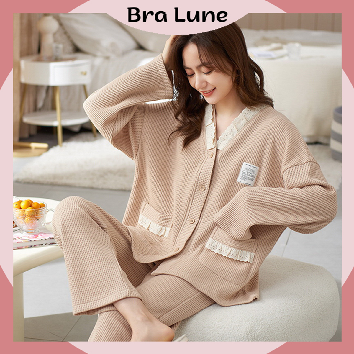 Bộ đồ ngủ nữ cotton họa tiết đơn giản dễ thương, đồ ngủ nữ pijama dài tay khuy cài thoáng khí mã 1057