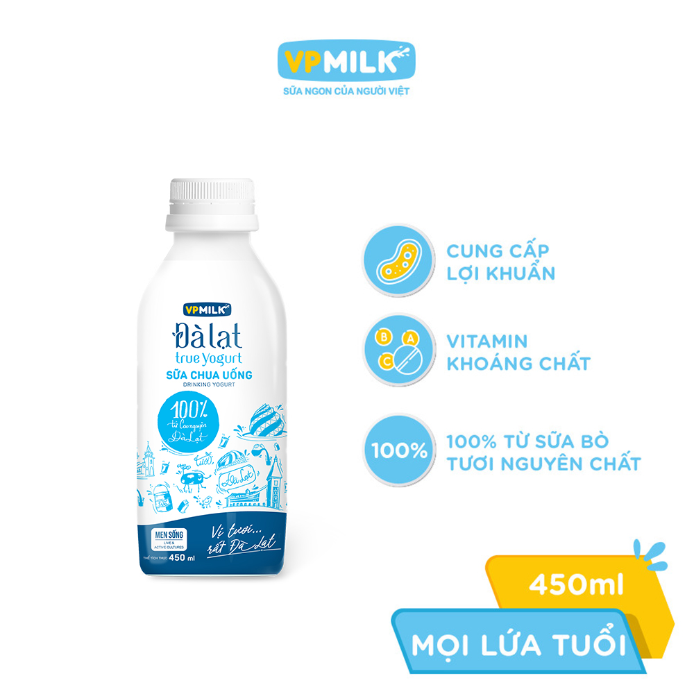 [VẬN CHUYỂN HỎA TỐC HCM] Sữa Chua Uống VPMilk Đà Lạt True Yogurt chai 450ml
