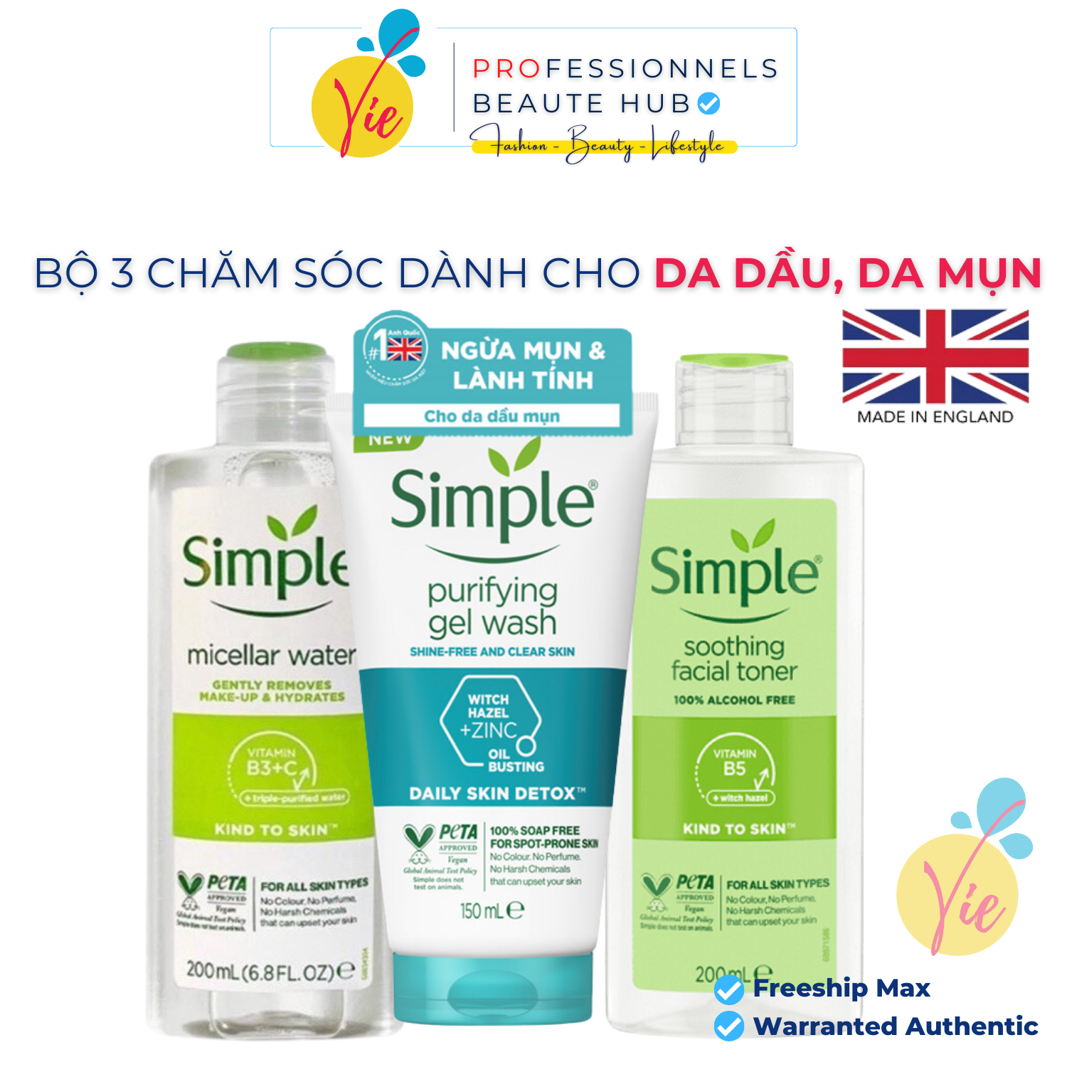 Bộ 3 Món Chăm Sóc Da Nhạy Cảm, Dầu Mụn, Da Khô SIMPLE