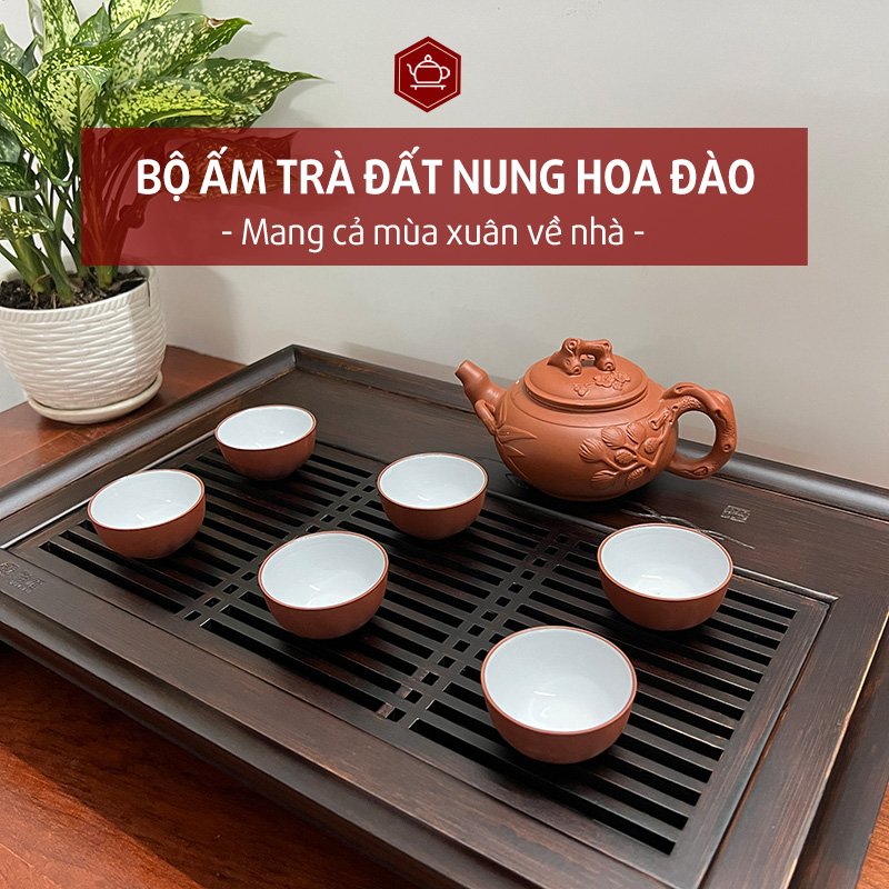 Bộ ấm chén đất nung tặng kèm khay trà giả gỗ