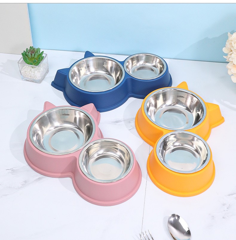 chén đôi inox hình mèo dành cho chó mèo - T3 PETS SHOP